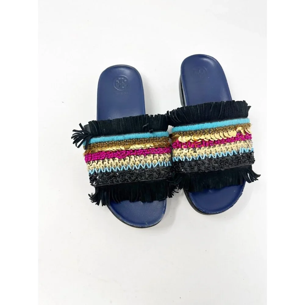 Tory Burch Isle‎ Slide Embellished Slip On Sandals Beaded Fringe Leather Size 7